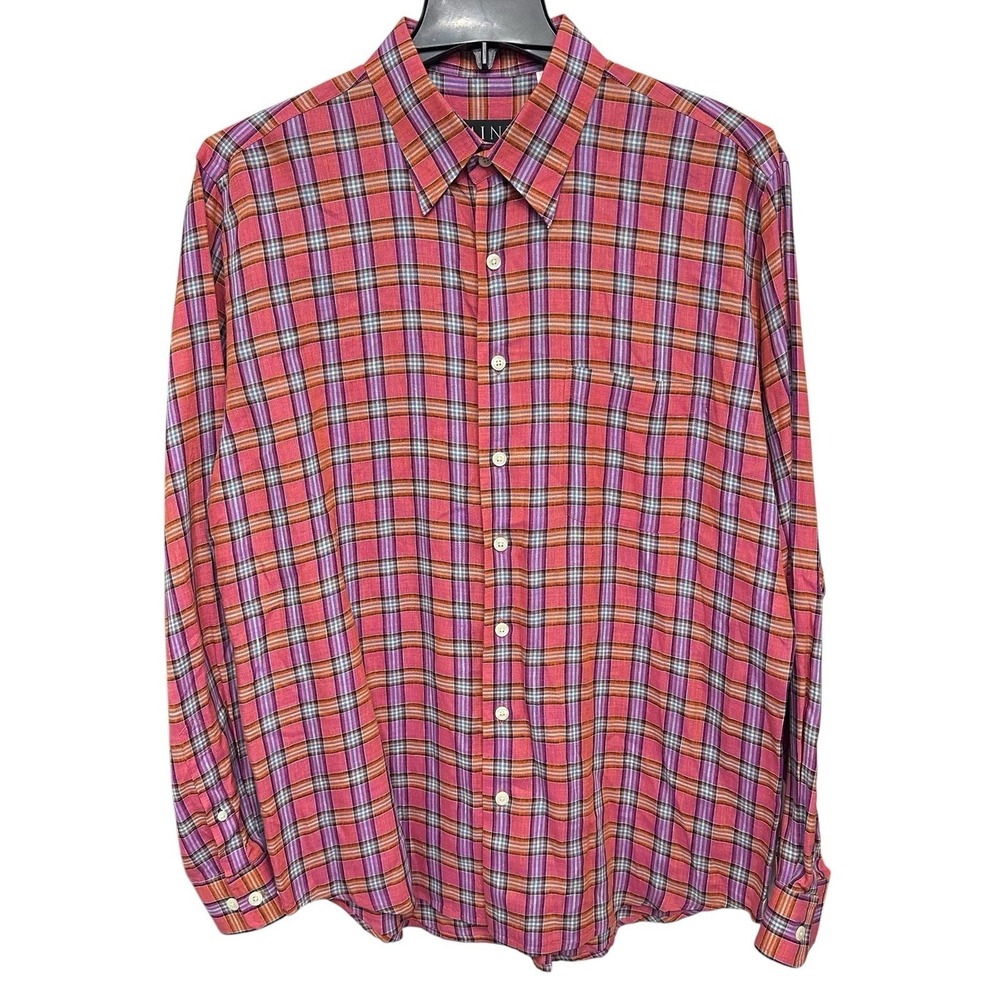 Mine 100% Linen Plaid Button Down Shirt Mens Size Large Summer Casual